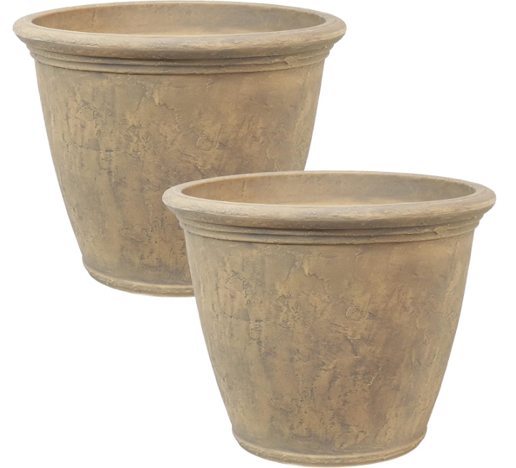 Anjelica 24" Double-Walled Polyresin Outdoor Planter with UV-Resistant Beige Finish - Set of 2