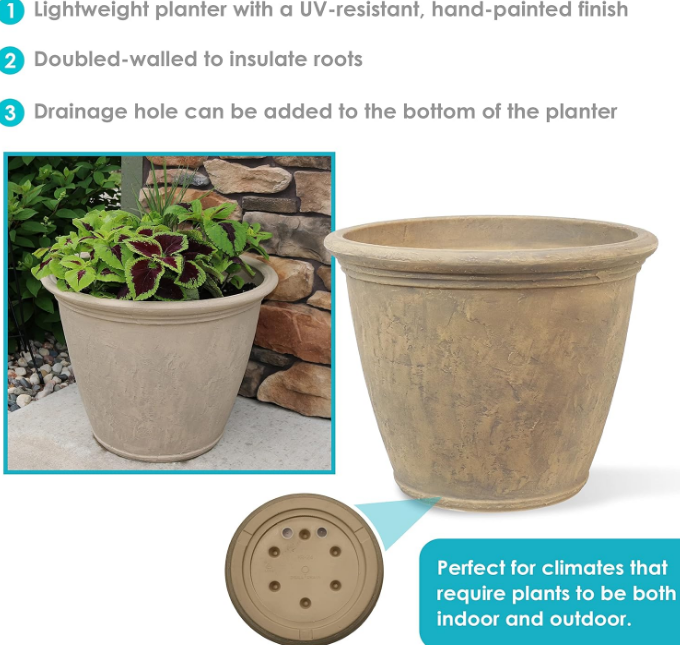 Anjelica 24" Double-Walled Polyresin Outdoor Planter with UV-Resistant Beige Finish - Set of 2