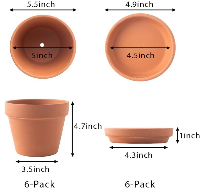 Terra Cotta Pots with Saucer- 6-Pack Large Clay Pots 5.5'' Ceramic Pottery Planter Cactus Flower Succulent Pot with Drainage Hole- Great for Plants,Crafts terra cotta planter