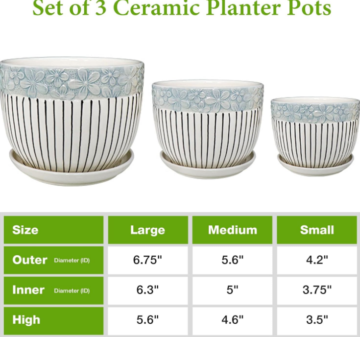 Ceramic Plant Pots Set of 3, 6.75/5.6/4.2 inch Planters with Drainage Holes and Saucer, Flower Pots Outdoor Indoor, Modern Decorative Planters for House Plants Garden Planters Succulent Pots