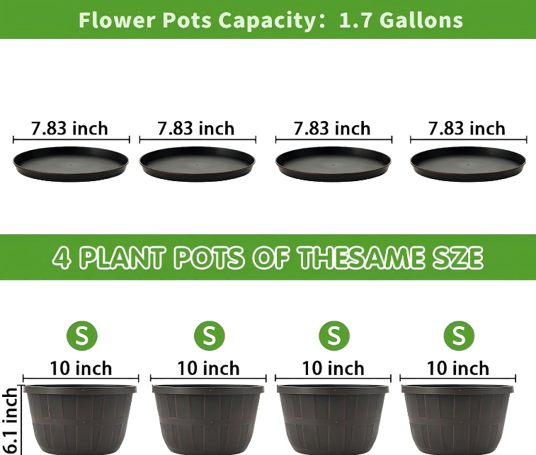 10 inch Plastic Flower Pots for Indoor Plants，4 Pack Large Outdoor Planter Pot with Drainage Holes & Saucers，Imitation Wine Barrel Design，for Indoor Outdoor Garden Plants（Brown）