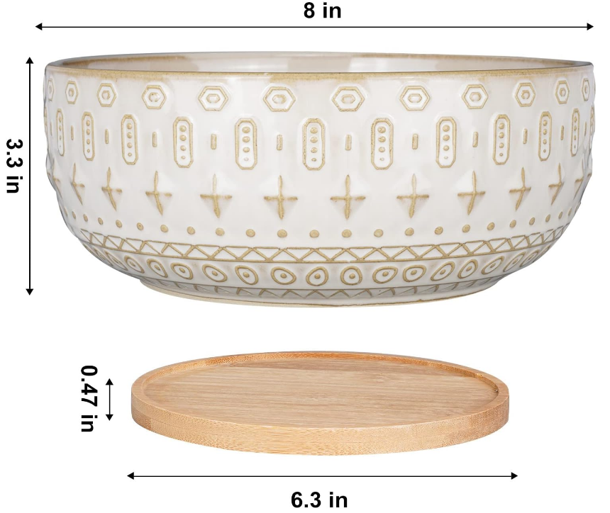 8 Inch Ceramic Succulent Planter Pots with Drainage Hole Flower Pot for Indoor Plants Round Shallow Bonsai Pot with Bamboo Tray White