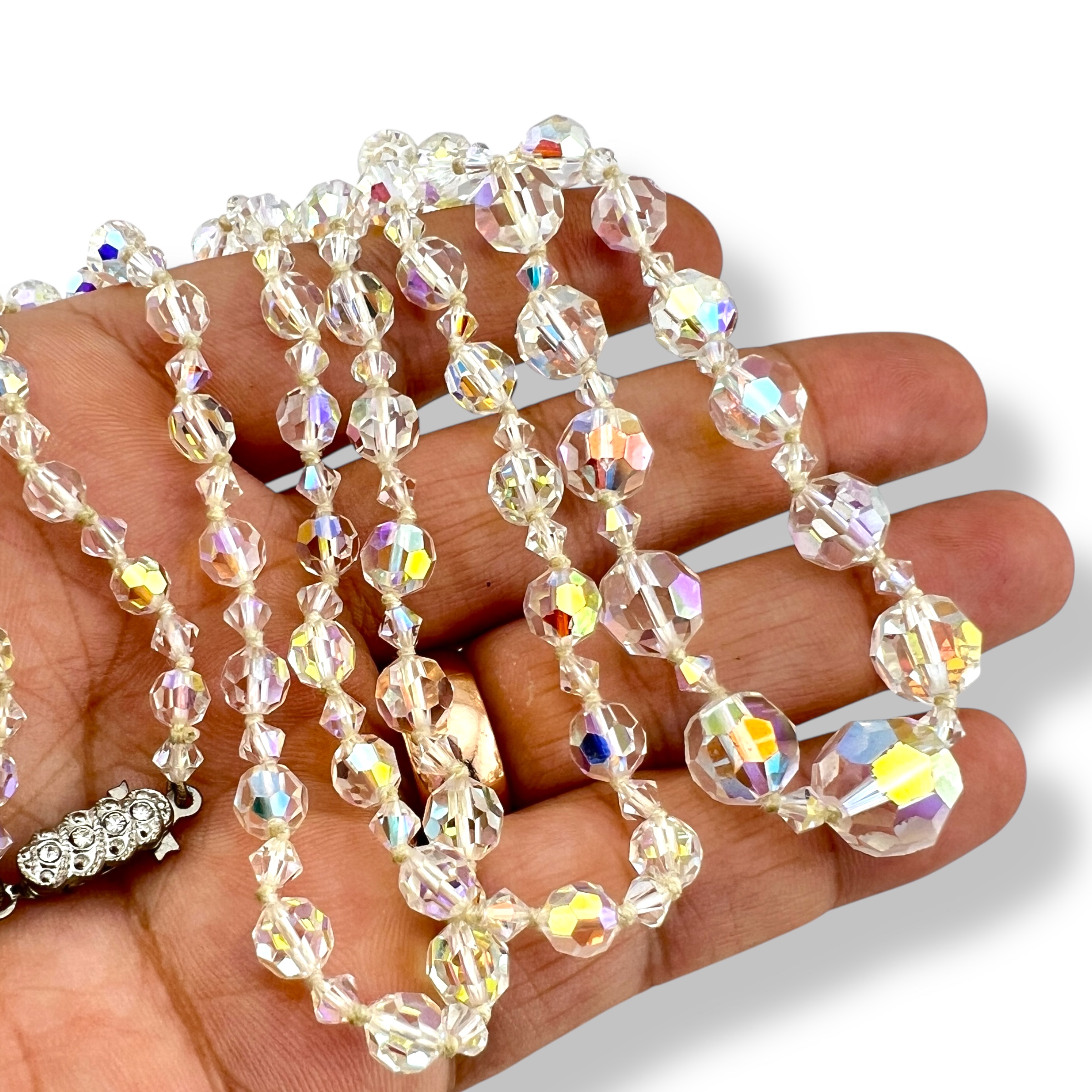 Ilgas vintažinis „Aurora Borealis“ kristalų vėrinys