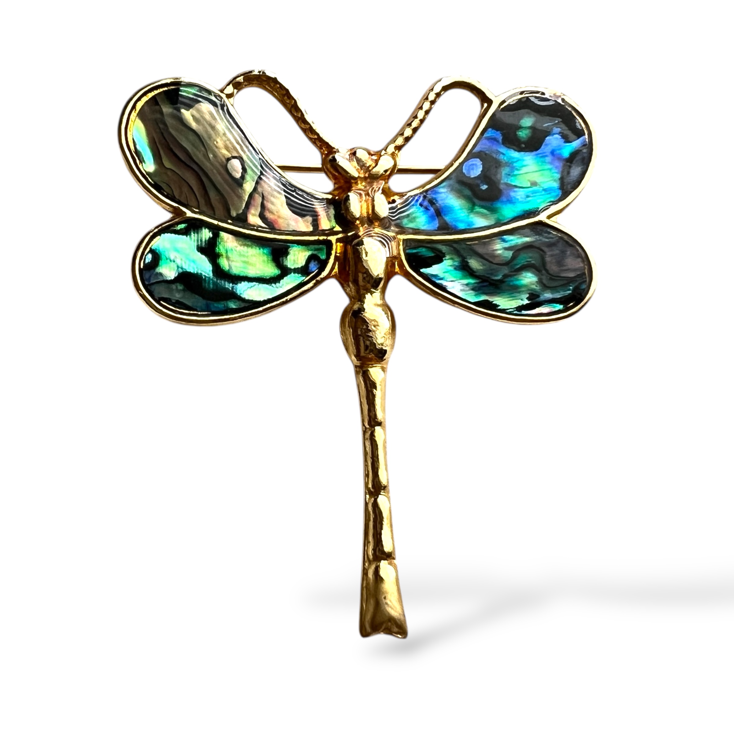 Vintažinė auksuota segė – laumžirgis su perlamutru (abalone)