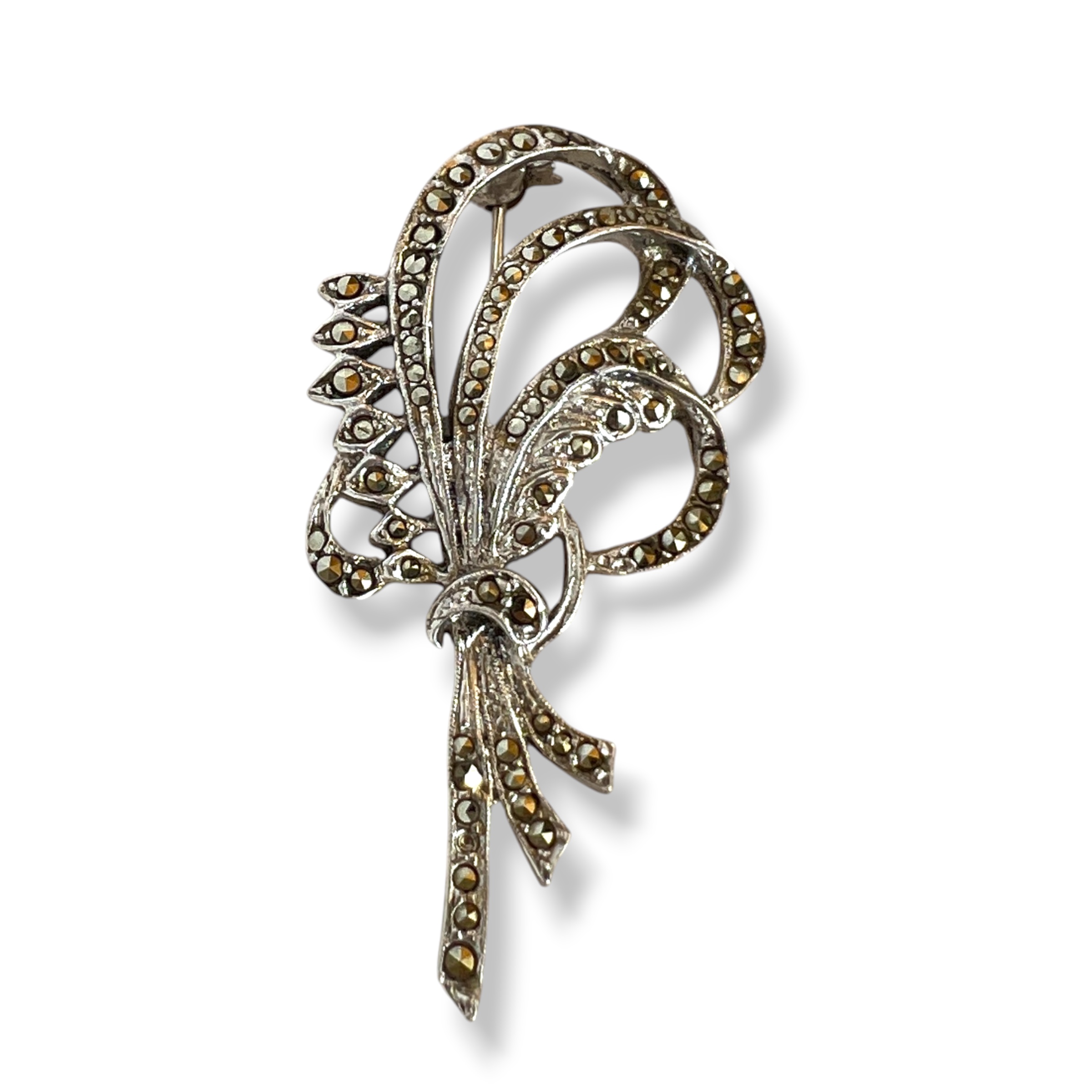 Vintažinė 925 sidabrinė Art Deco stiliaus sagė su markazitais