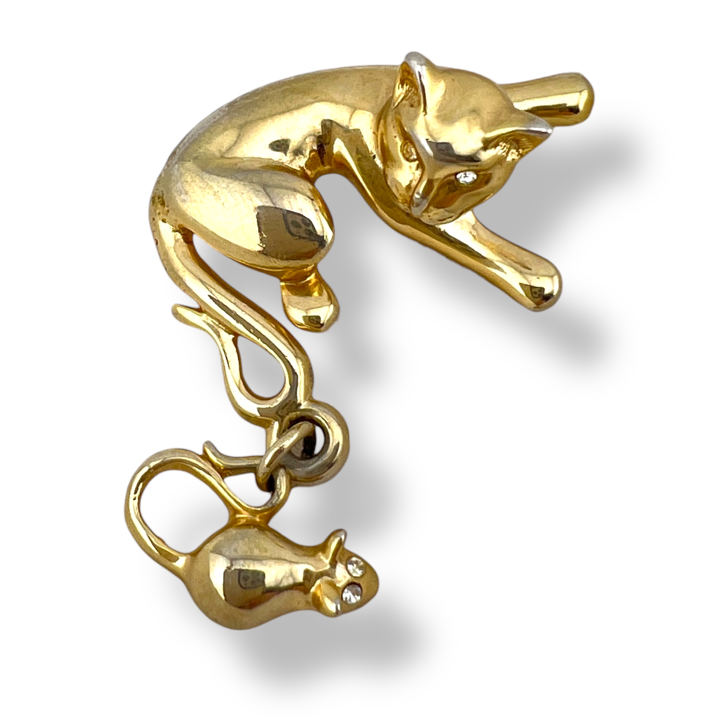 Aukso spalvos vintažinė katės ir pelės sagė