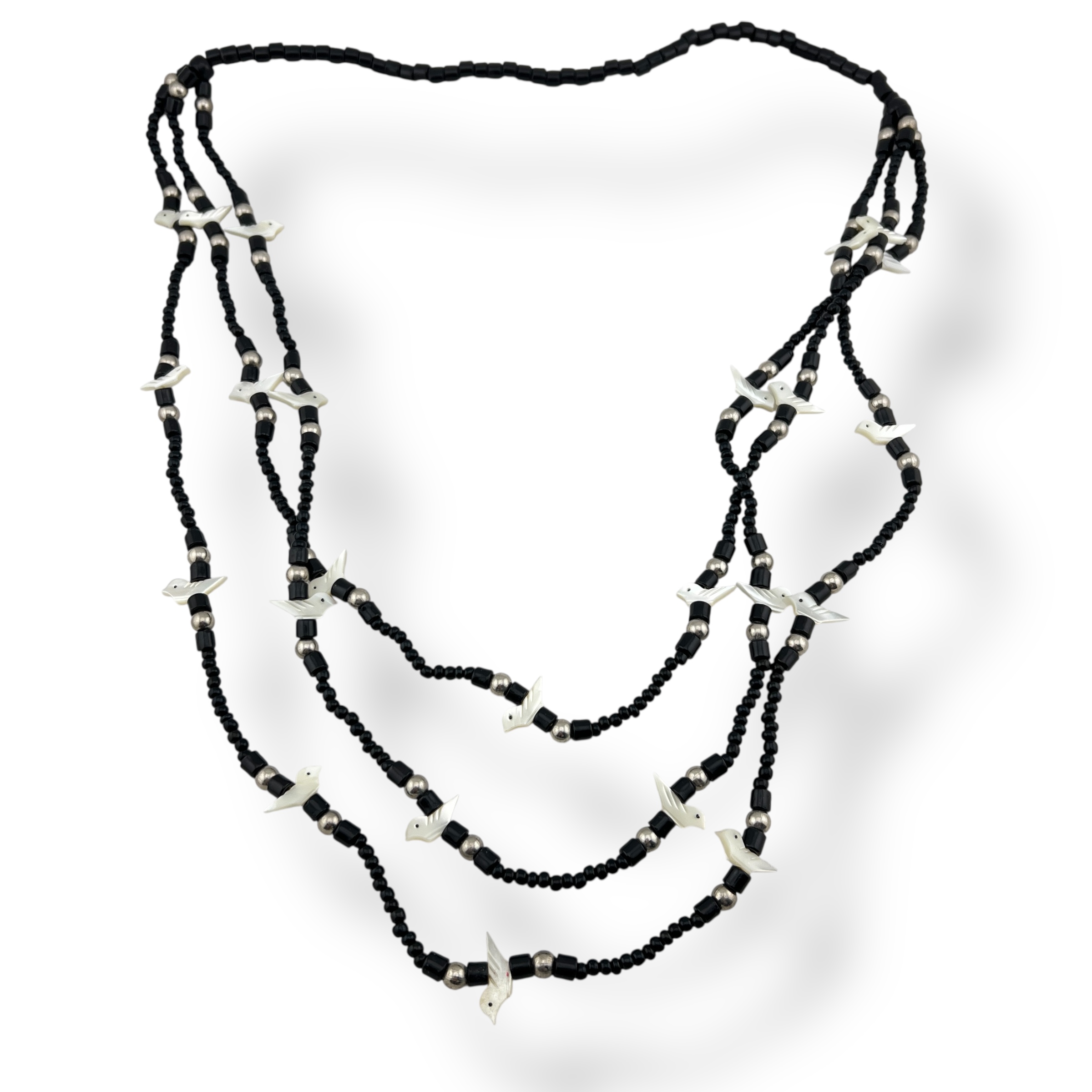 Vintažinis trijų eilių vėrinys su perlamutro paukšteliais