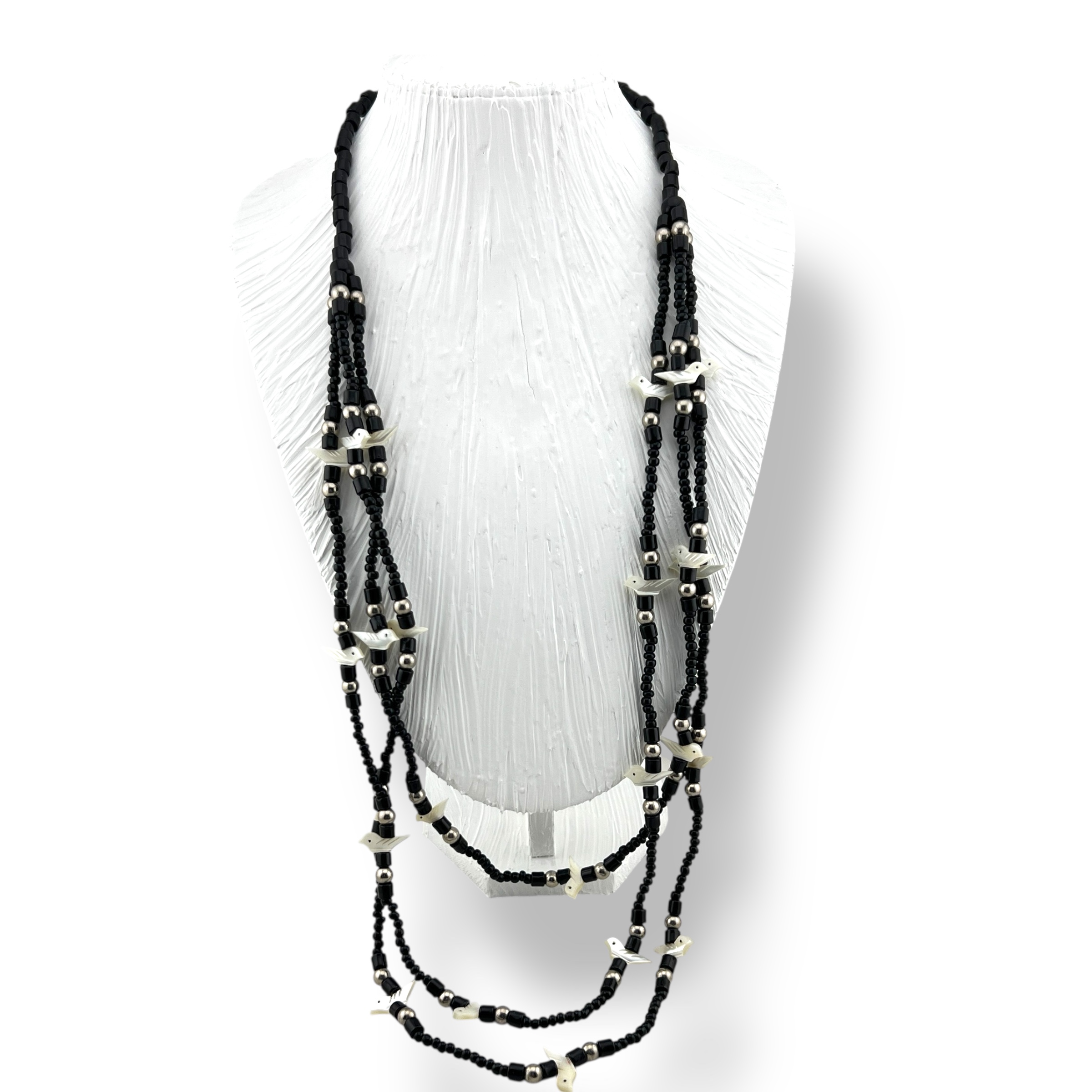 Vintažinis trijų eilių vėrinys su perlamutro paukšteliais