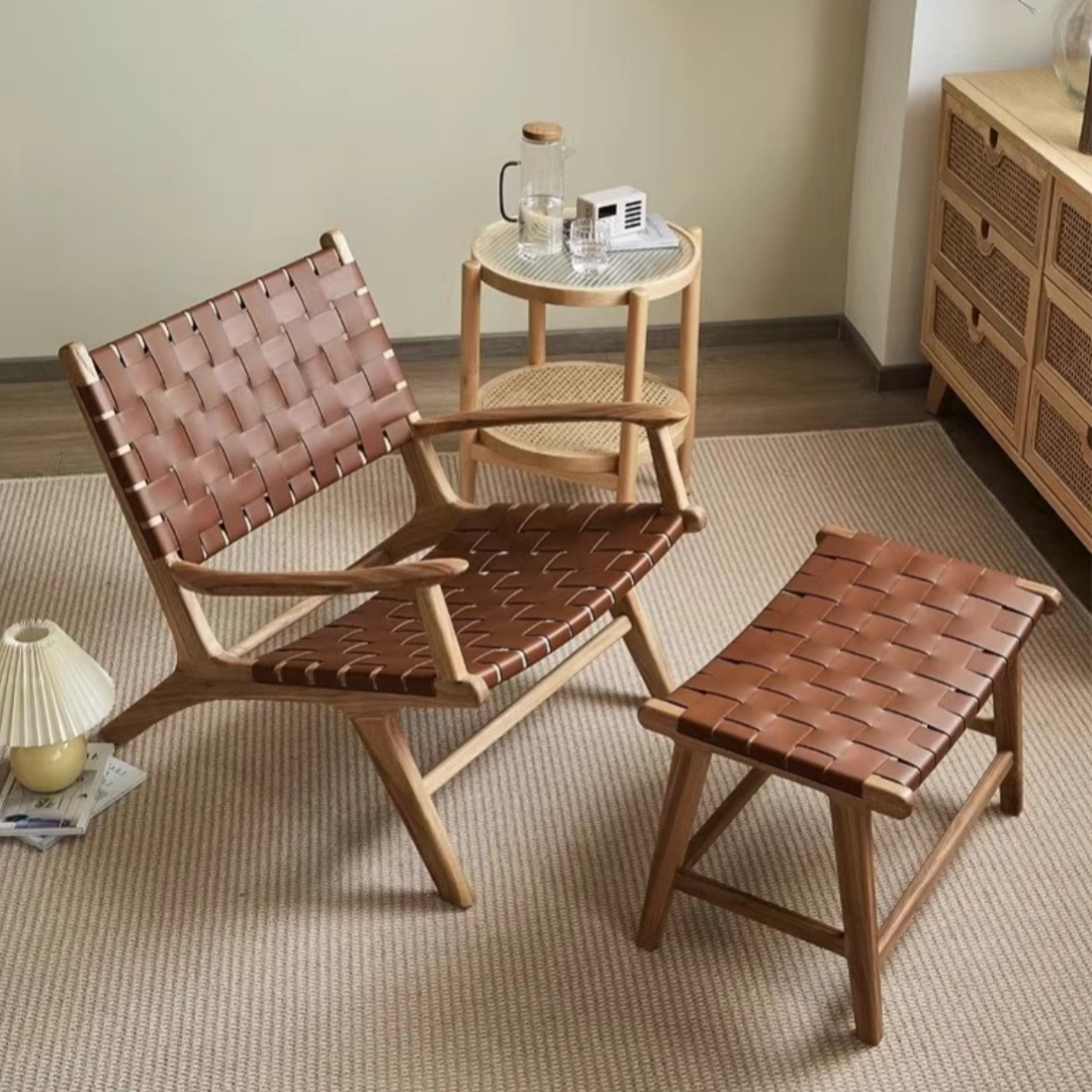 SALLY Wooden Lounge Chair Saddle Leather | Solid Wood Arm Chair Leather