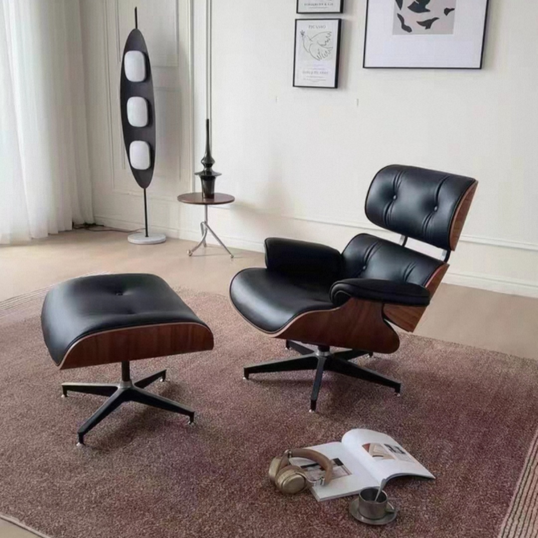 Eames Style Nappa Leather Lounge Chair & Ottoman Set