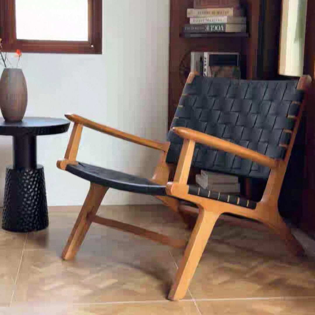 SALLY Wooden Lounge Chair Saddle Leather | Solid Wood Arm Chair Leather