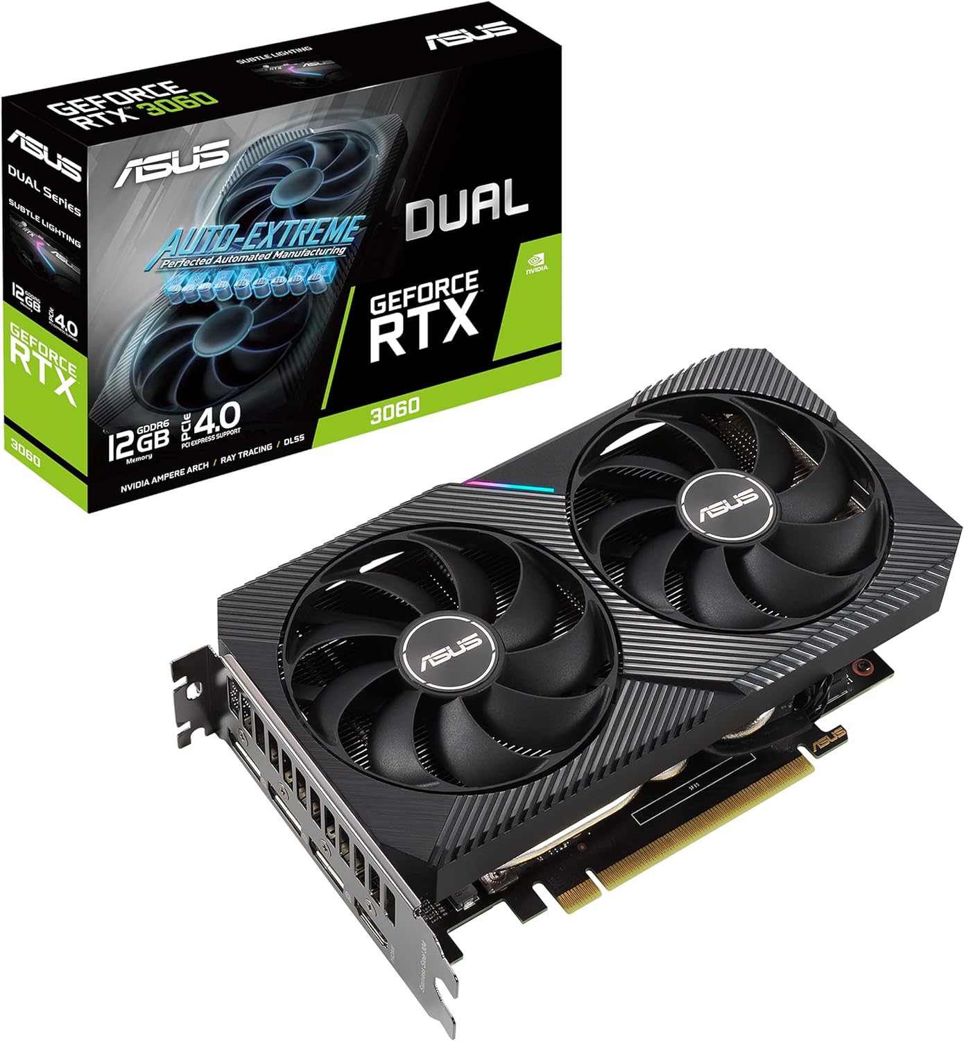 Tarjeta Gráfica Asus Nvidia GeForce RTX 3060 V2 Edición OC, DUAL-RTX3060-O12G-V2, 12GB GDDR6, HDMI/ DP, diseño de ventilador Axial-techm tecnología 0db