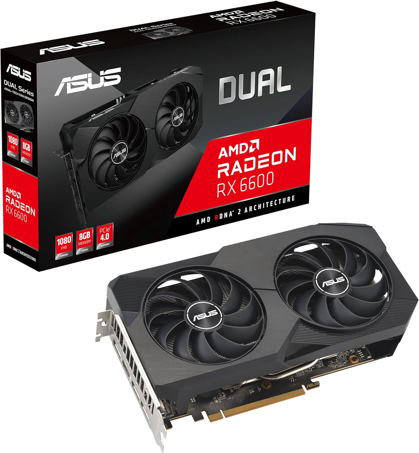 Asus Tarjeta de Video Dual AMD Radeon RX 6600 8GB, DUAL-RX6600-8G-V2, AMD RDNA 2, PCIe 4.0, Memoria GDDR6 de 8GB, HDMI 2.1, DisplayPort 1.4a, diseño de Ventilador de tecnología axial de 0dB