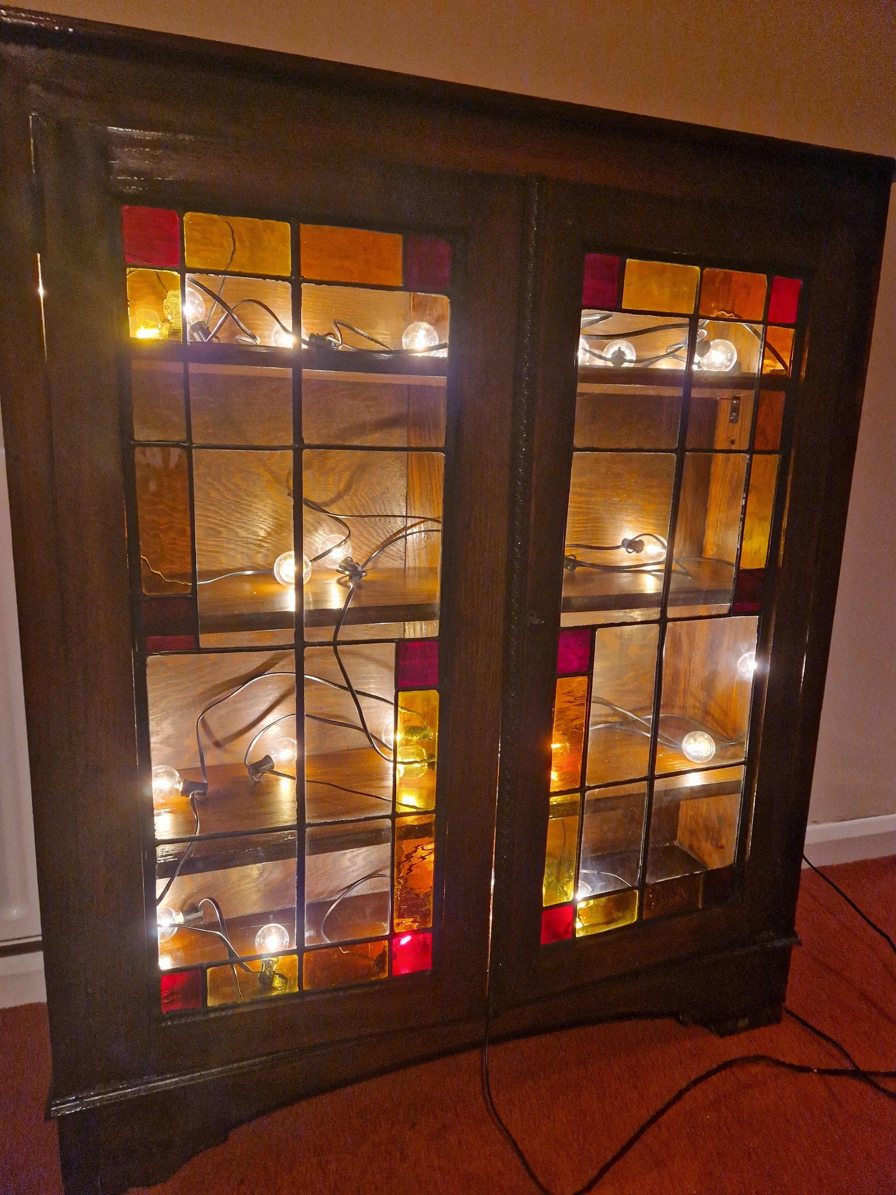 Vintage Wooden Cabinet with Stained Glass Door