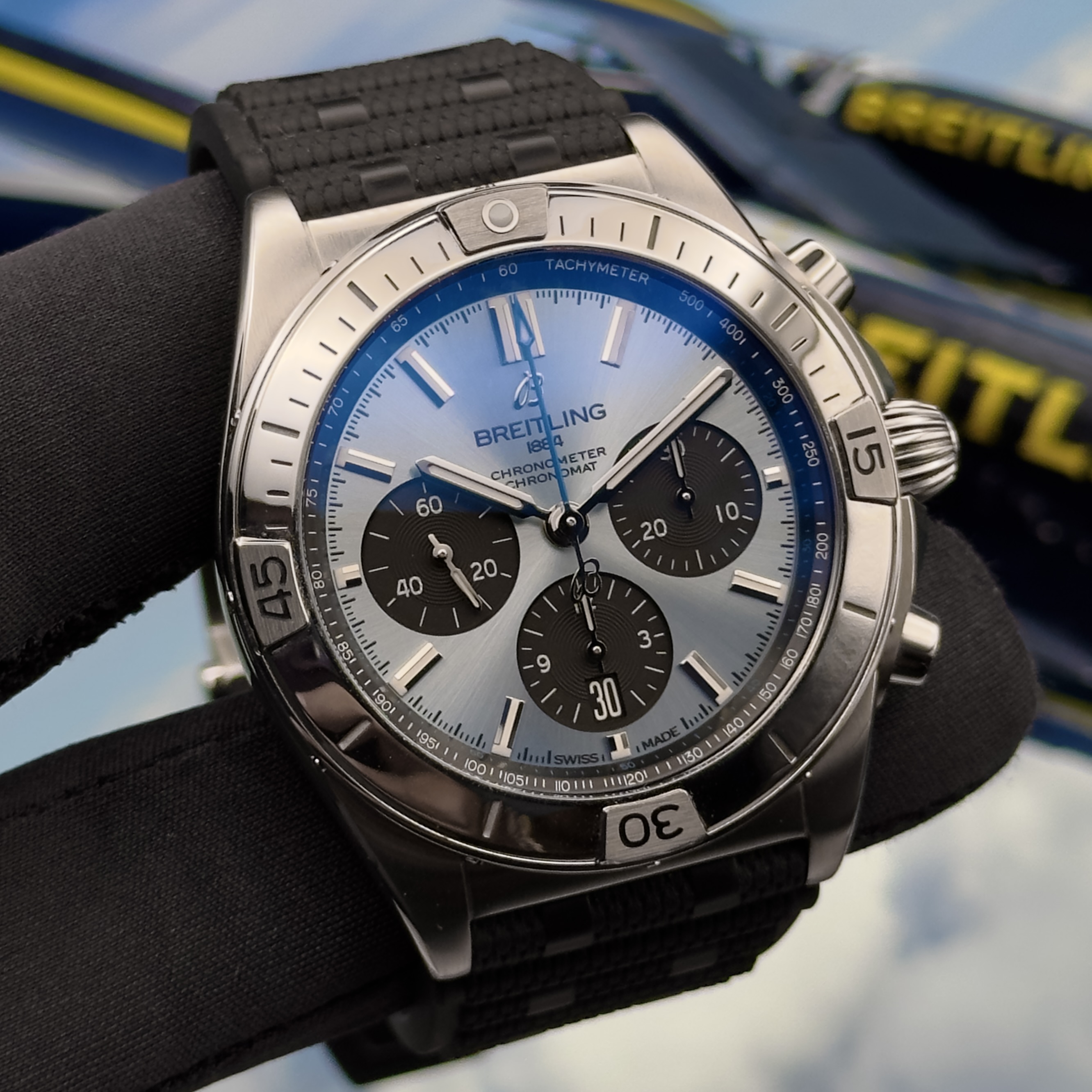 Breitling Chronomat B01 42 Ice Blue Dial – Platinum Bezel