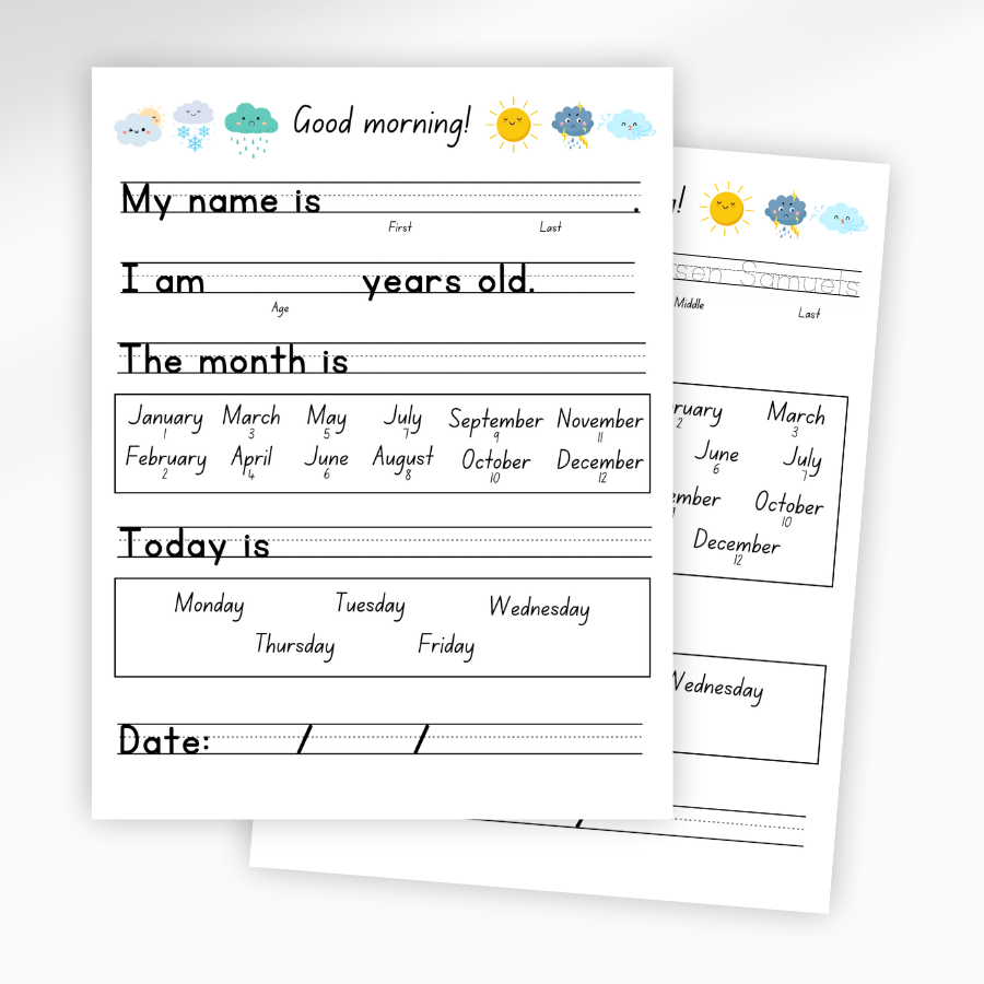 Daily Morning Menu Worksheet Set