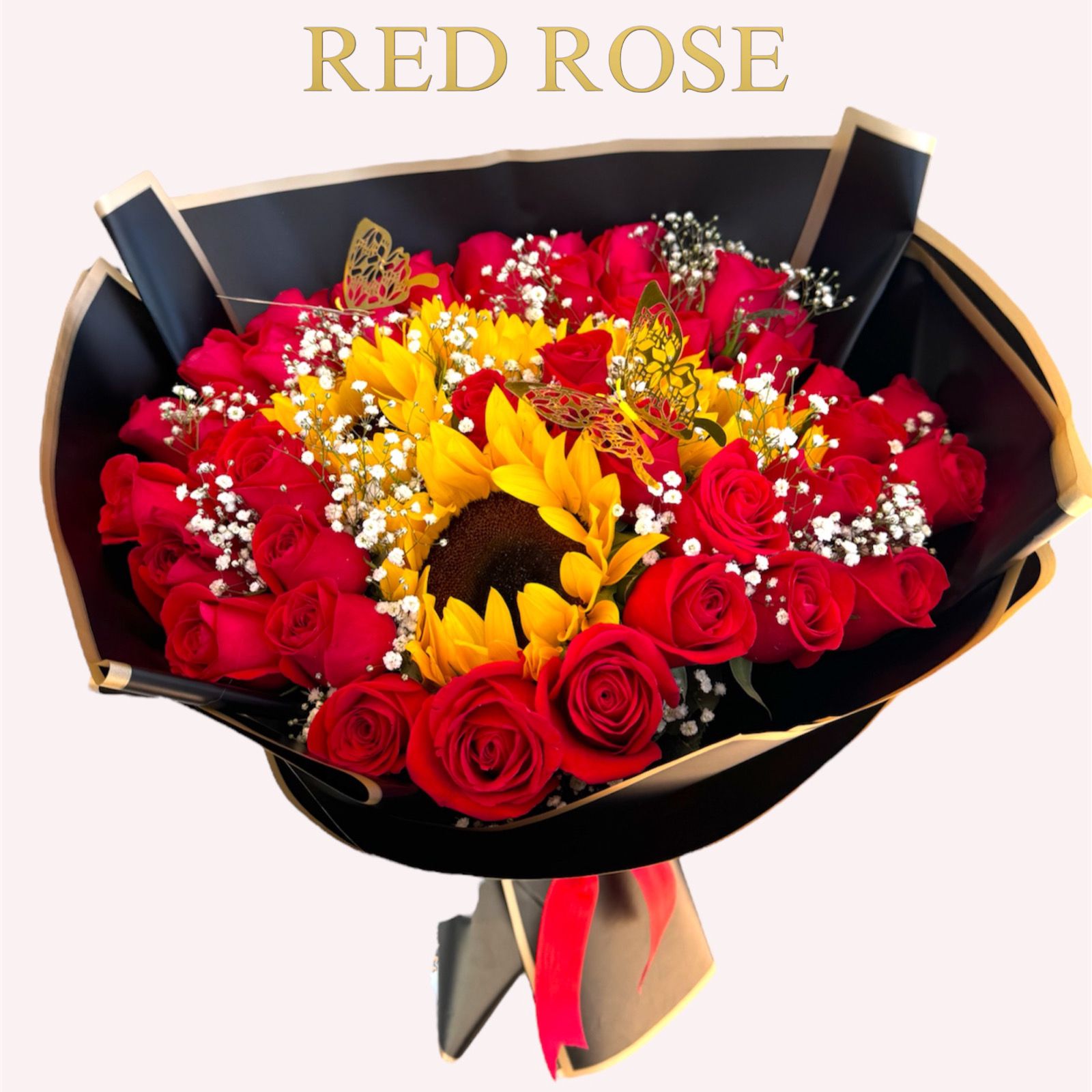 Buquet de 4 girasoles y 50 rosas rojas con nube entremetido