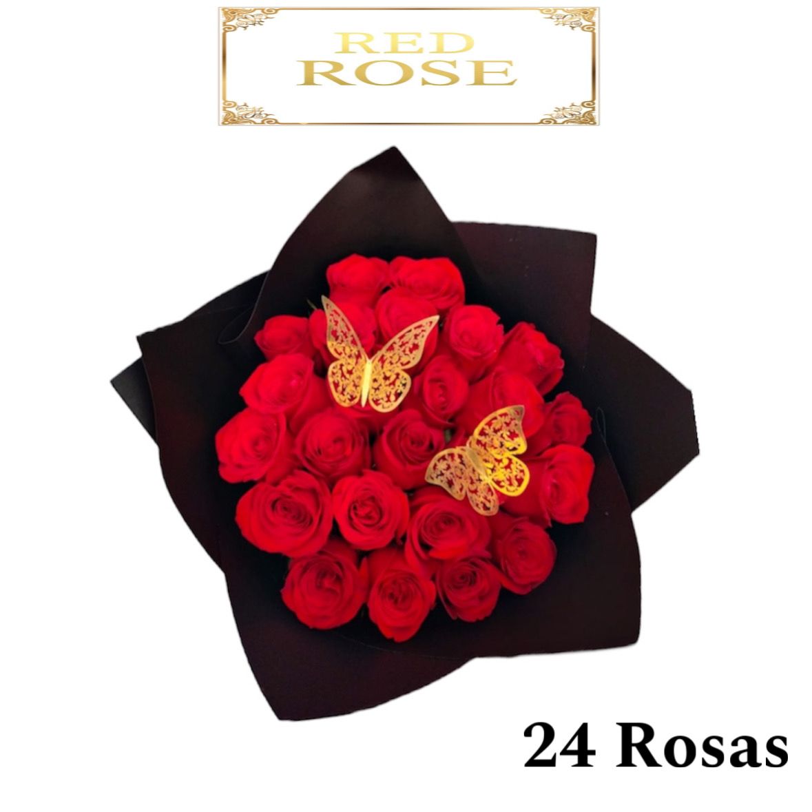 Ramo de 24 rosas rojas con envoltura negra y 2 mariposas doradas