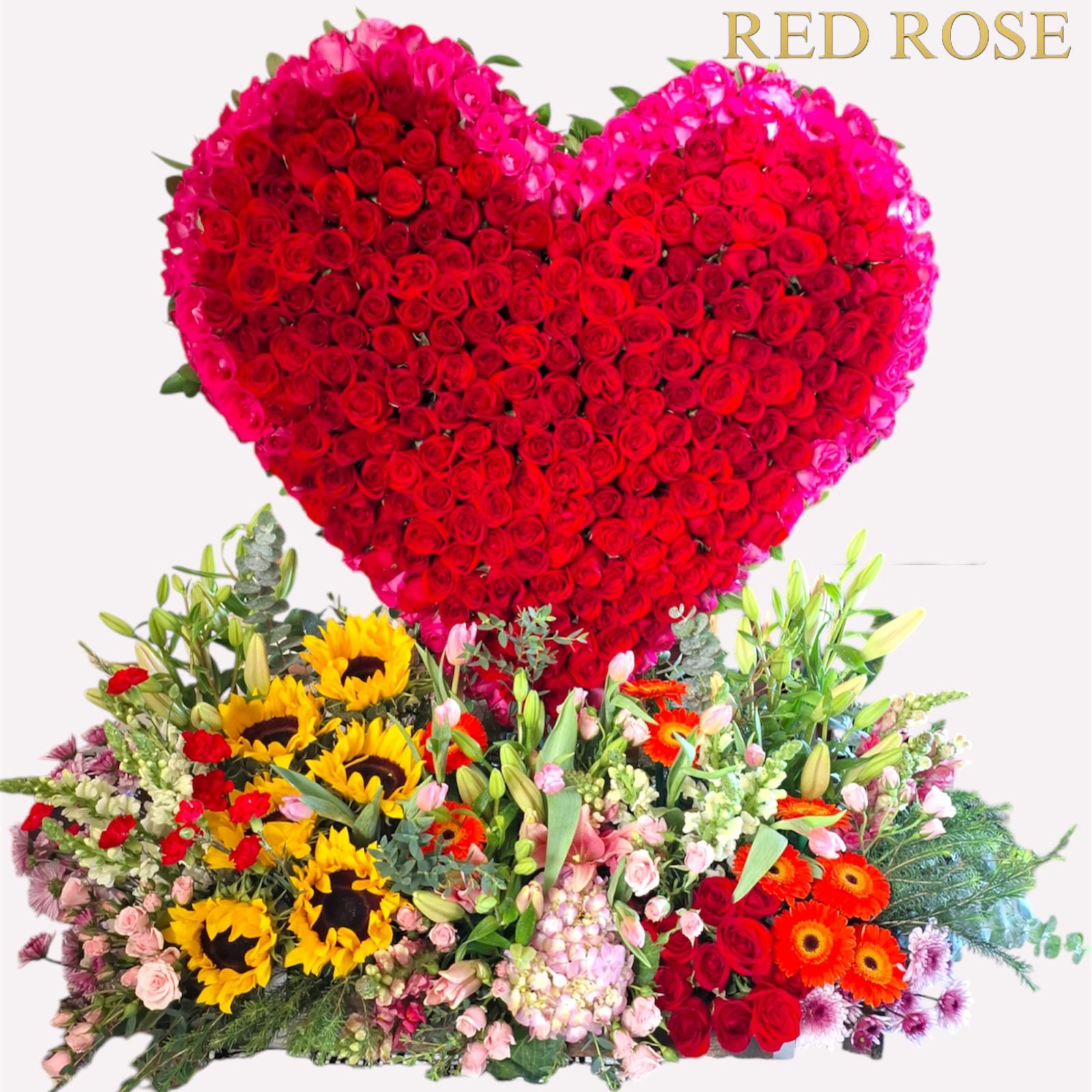 Corazón de 400 rosas con flores, como tulipanes, perritos, girasoles mini rosas y lilis