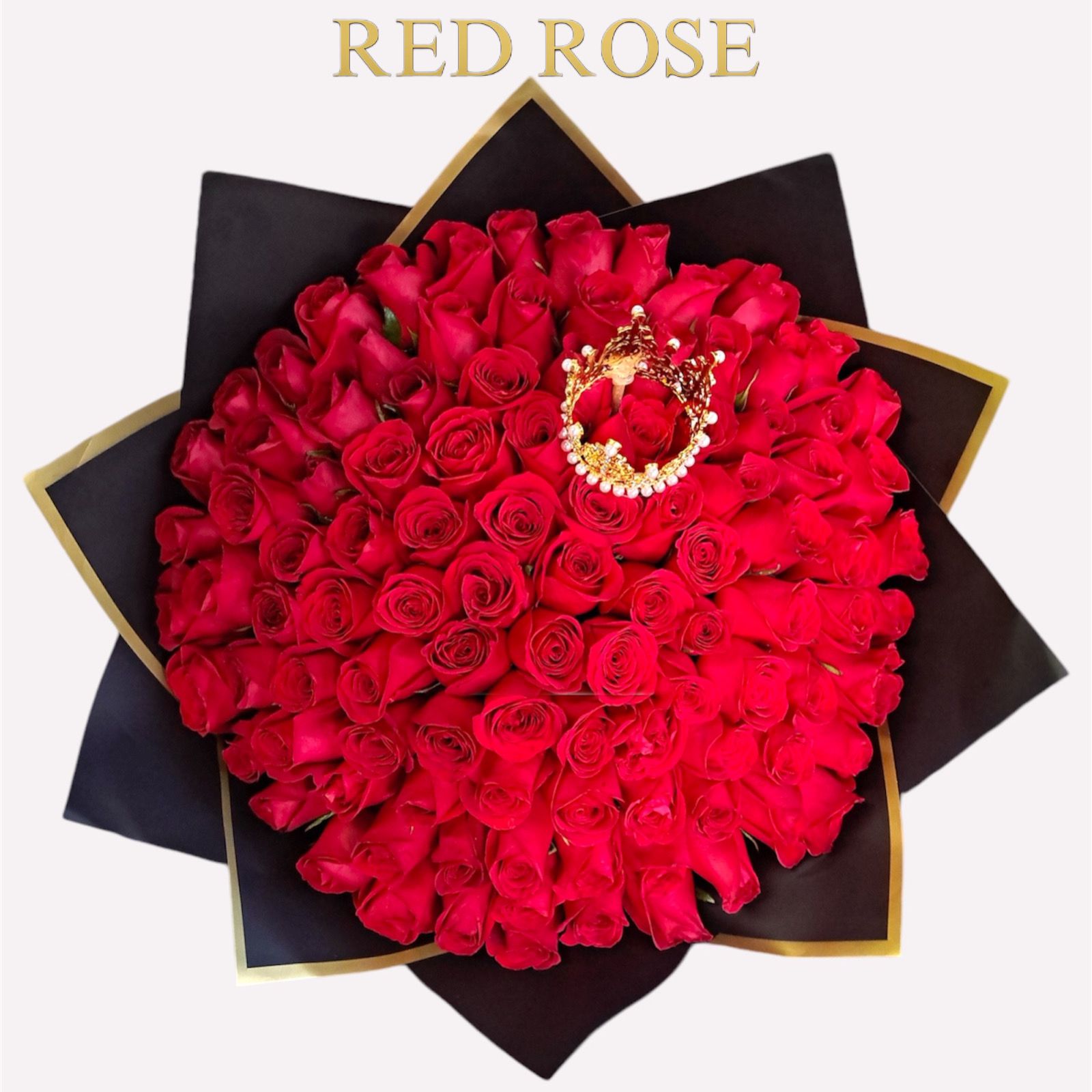 Ramo Buchón de 100 rosas rojas, junto a una Corona