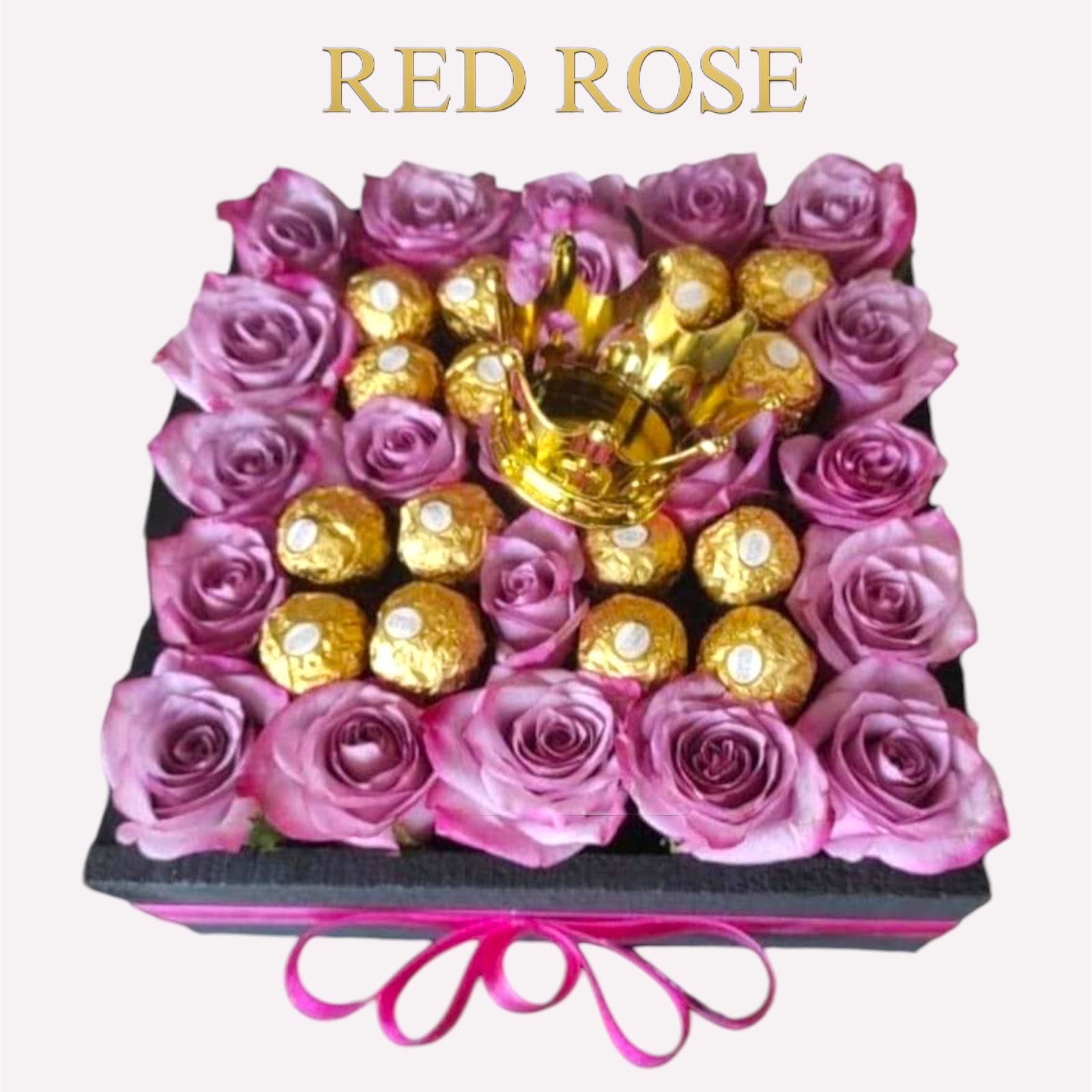 Cajita con 22 rosas lilas y 16 chocolates