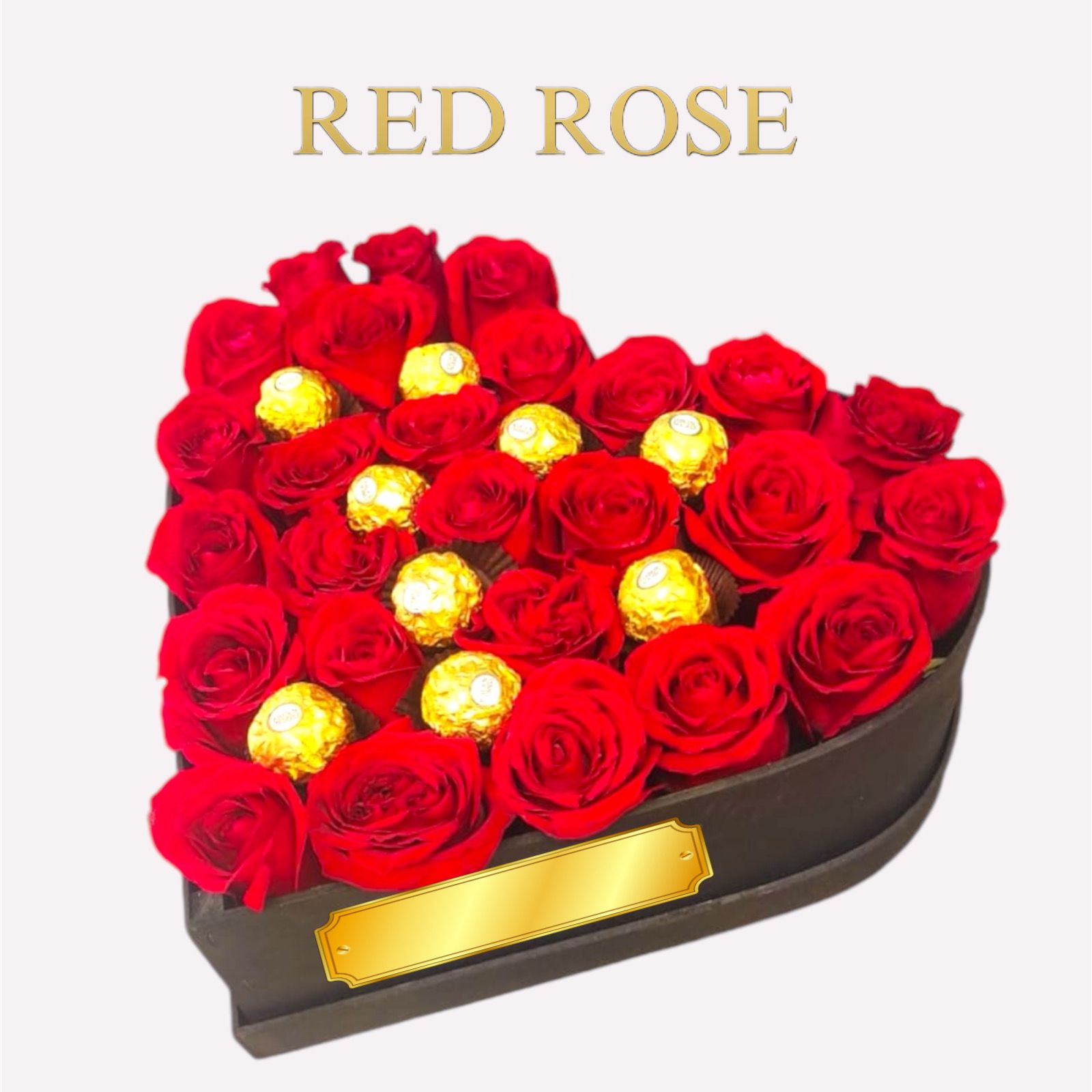 Cajita con 27 rosas rojas y 8 chocolates ferreros