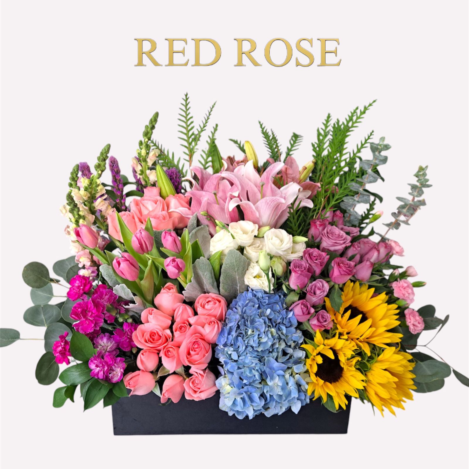 Arreglo con girasoles, tulipanes, rosas, clavel, Lilis, hortencias entre otras flores