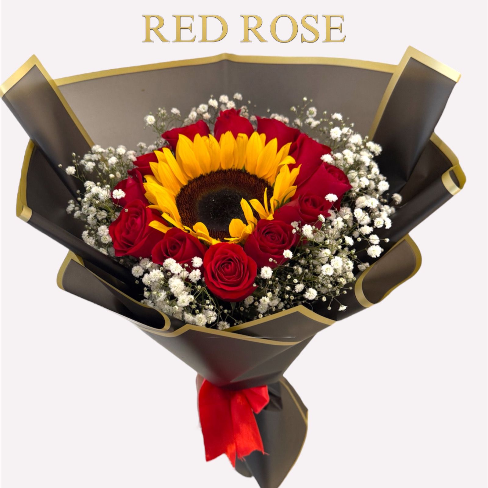 12 Rosas Rojas con un girasol en medio y nube alrededor.