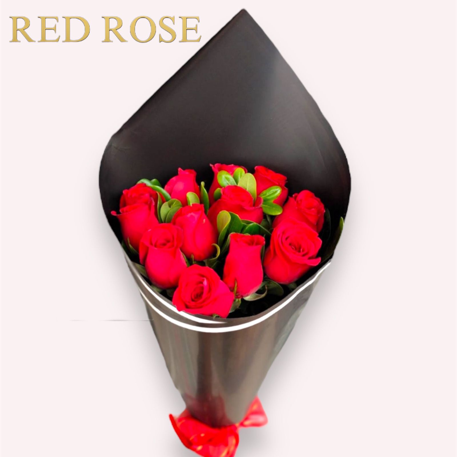 Ramo clásico de 12 rosas rojas con follaje verde