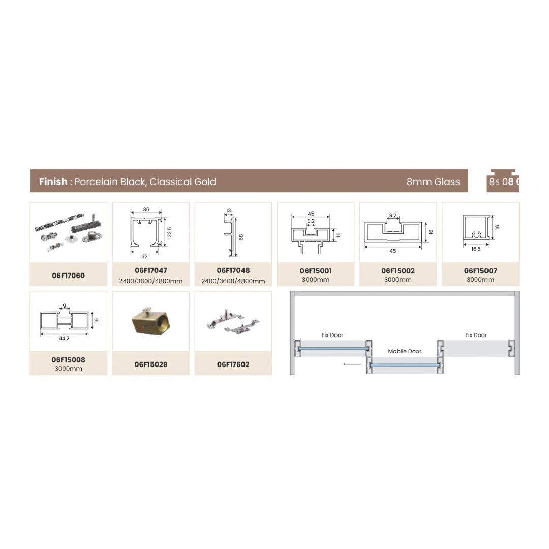 Shower Partition 003 – Double Damping System (2 Fixed + Center Sliding)