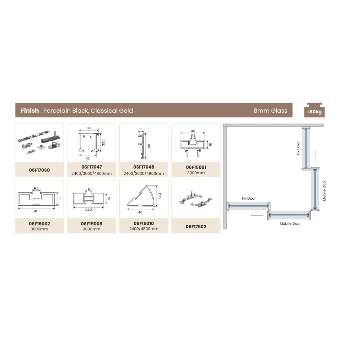 Shower Partition 005 – Corner Shower with Double Damping System (1 Fixed + 1 Sliding)