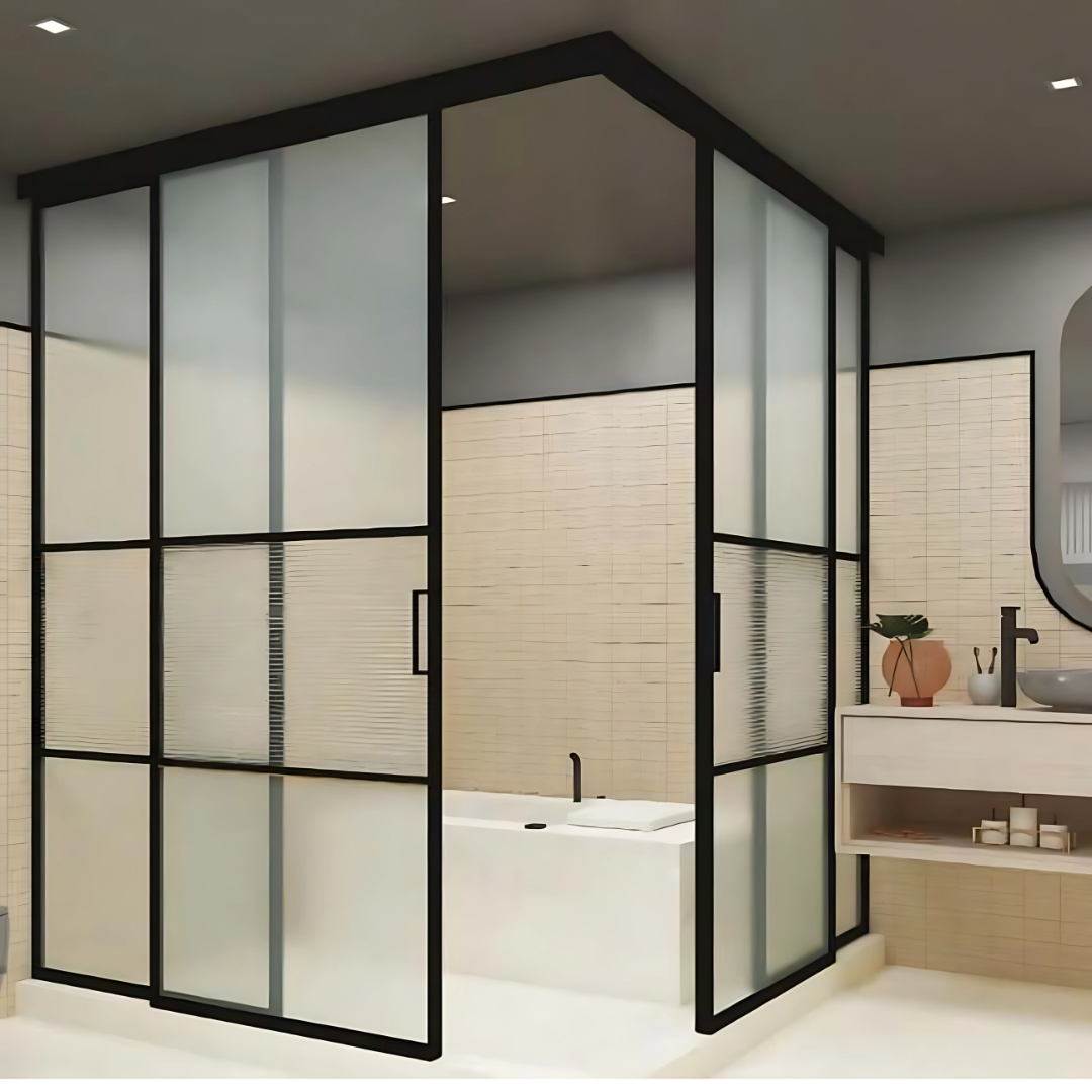 Shower Partition 005 – Corner Shower with Double Damping System (1 Fixed + 1 Sliding)
