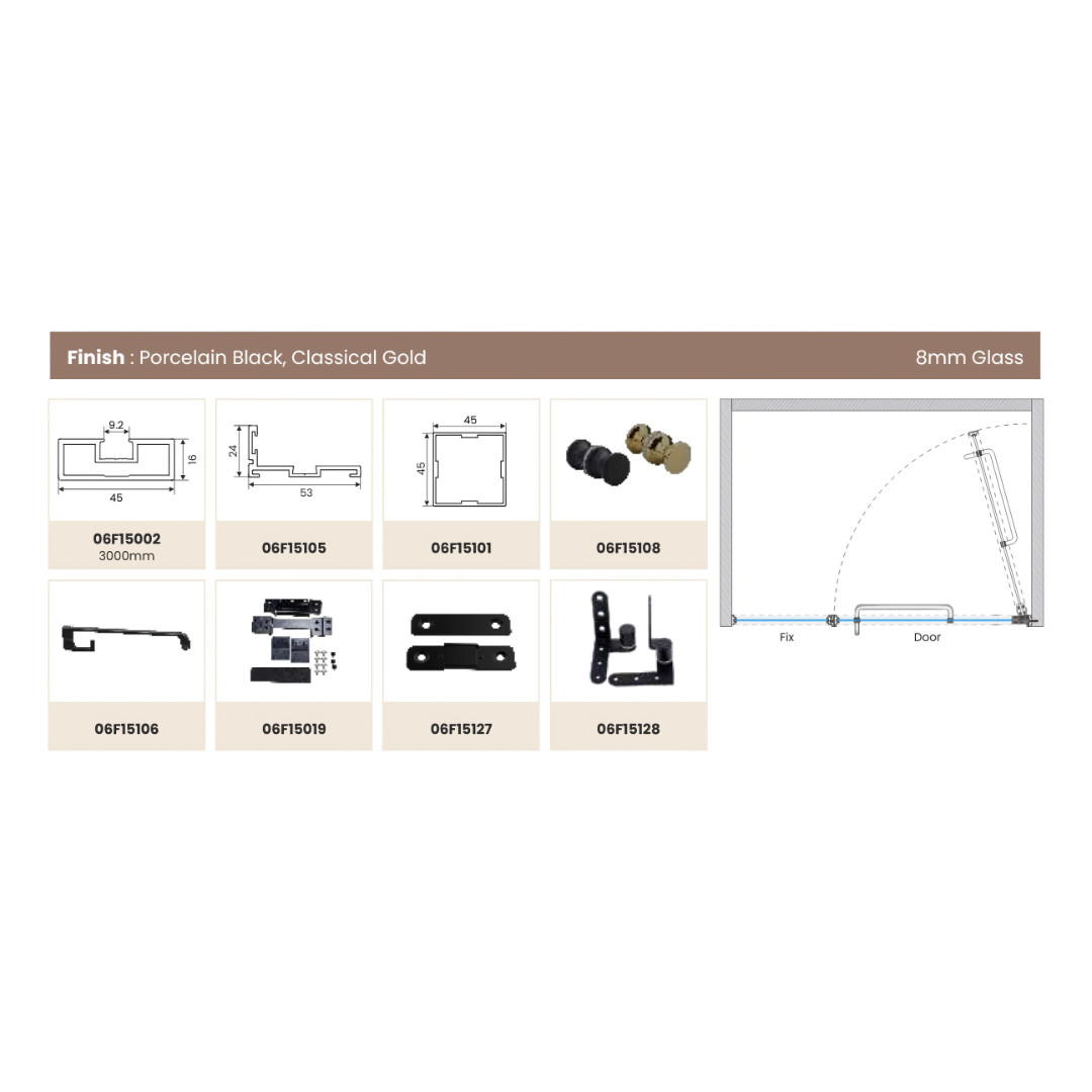 Shower Partition 011 – 1 Fixed + 1 Openable Panel with 16mm Frame