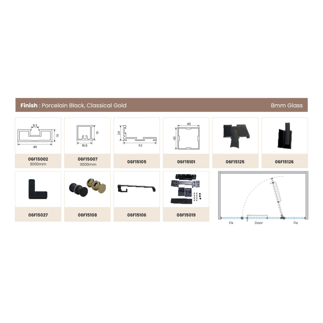 Shower Partition 012 – 2 Fixed Panels + Center Openable Door (16mm Frame)