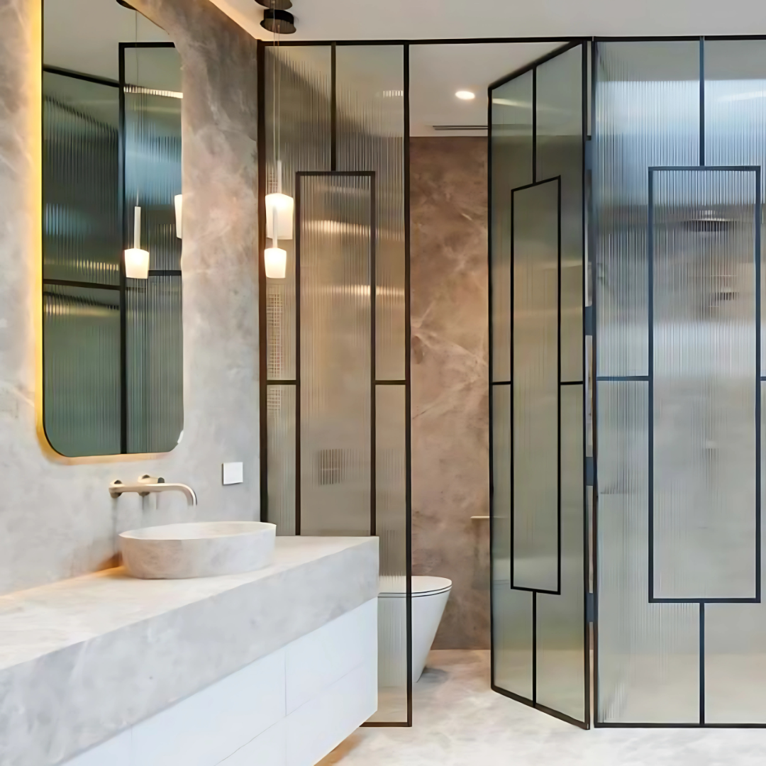 Shower Partition 012 – 2 Fixed Panels + Center Openable Door (16mm Frame)