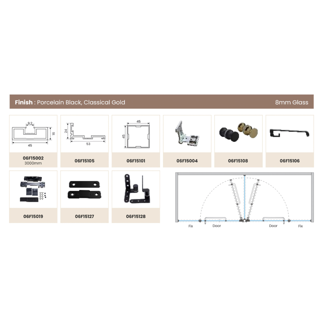 Shower Partition 013 – 2 Fixed Panels + 2 Openable Doors (16mm Frame)