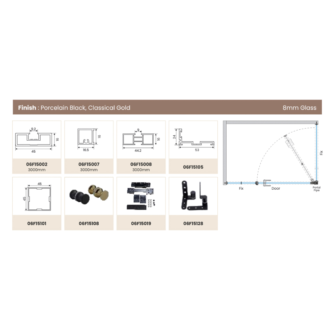 Shower Partition 014 – Corner Shower (2 Fixed + 1 Openable Panel)