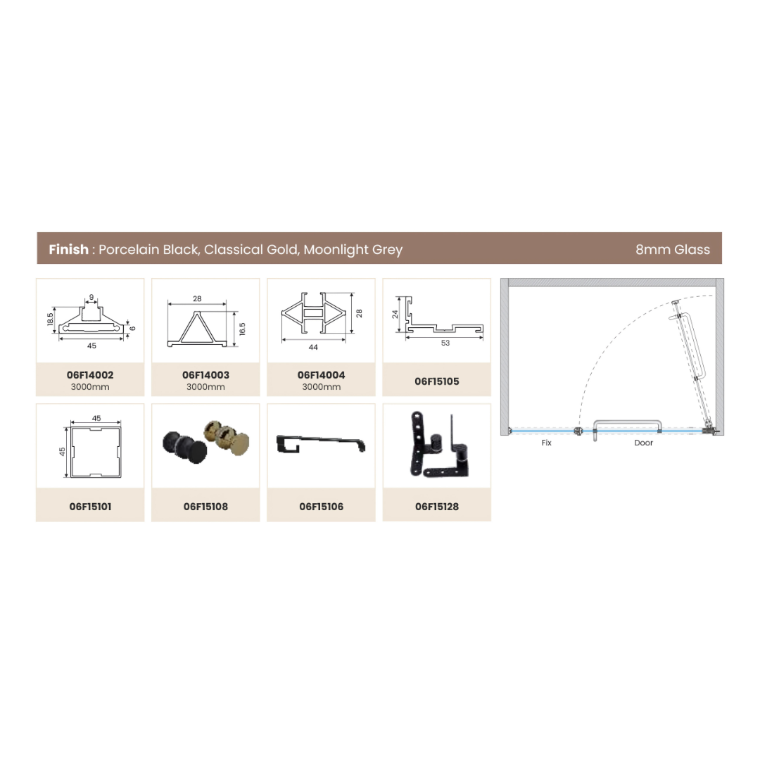 SHOWER PARTITION 041 – 1 Fixed + 1 Openable Panel | Elegant 6mm Frame