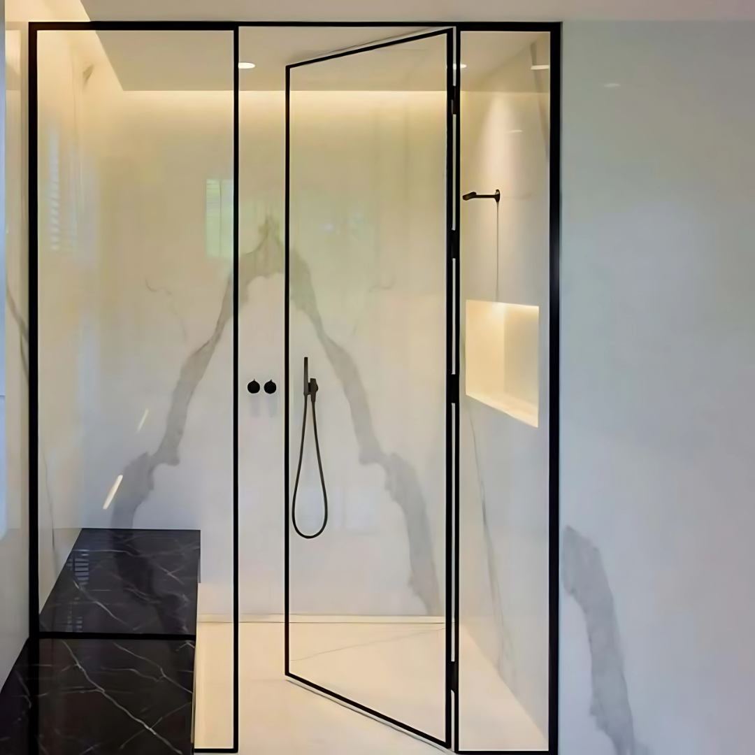 SHOWER PARTITION 042 – 2 Fixed Panels + Centre Openable | Premium 6mm Frame Design