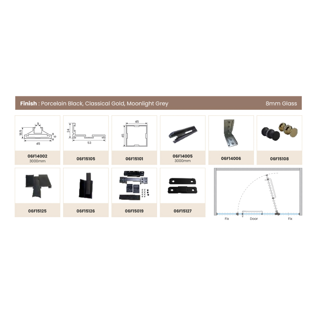 SHOWER PARTITION 042 – 2 Fixed Panels + Centre Openable | Premium 6mm Frame Design