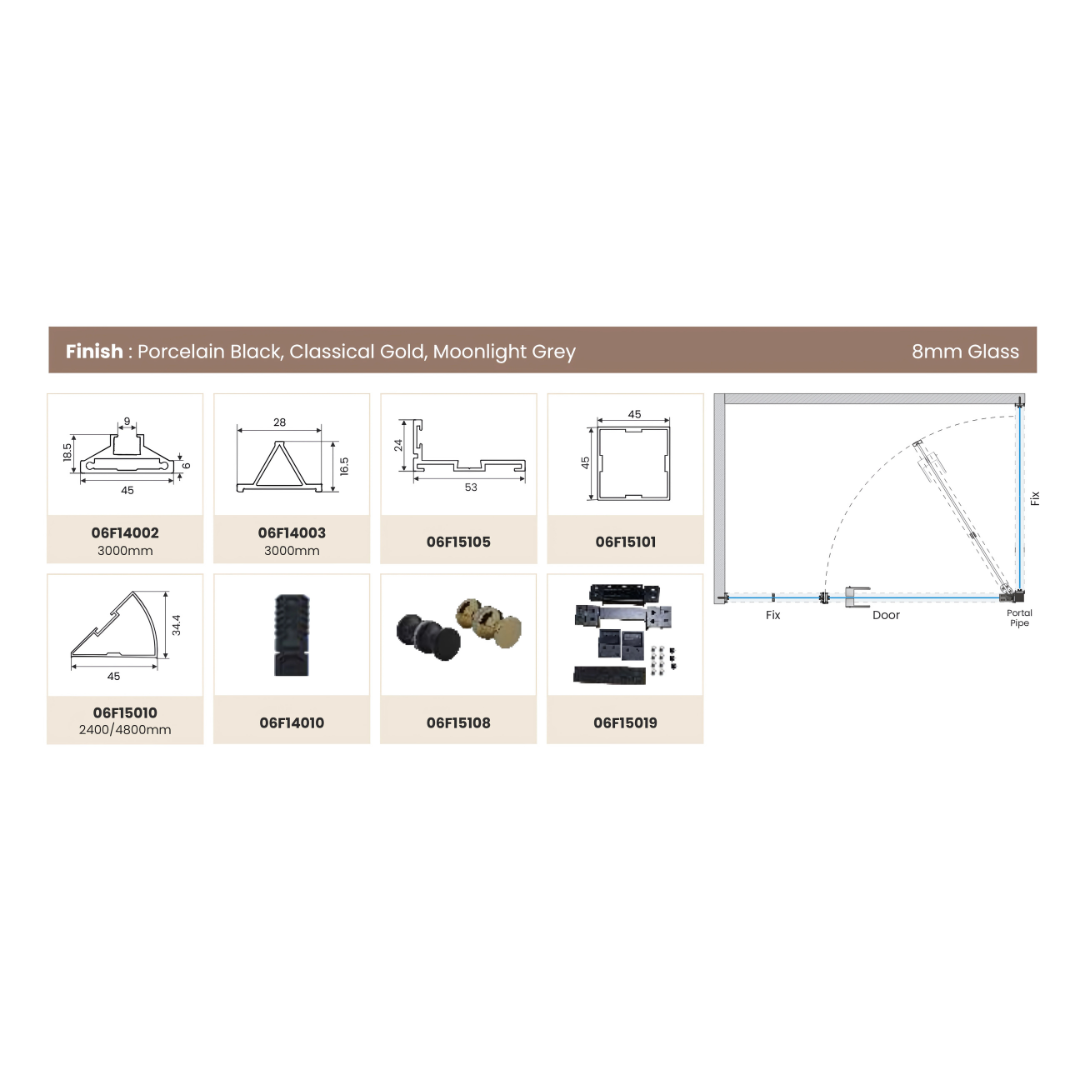 SHOWER PARTITION 044 – Corner Shower | 2 Fixed + 1 Openable | 6mm Frame Design