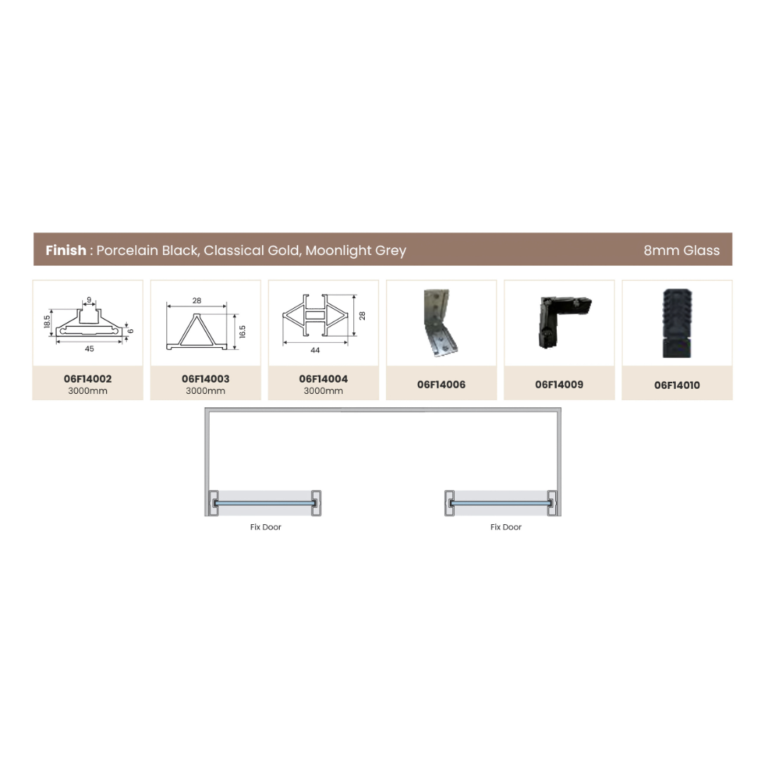  SHOWER PARTITION 052 – 2 Side Fixed Panels | Bold 6mm Frame with 8mm Glass