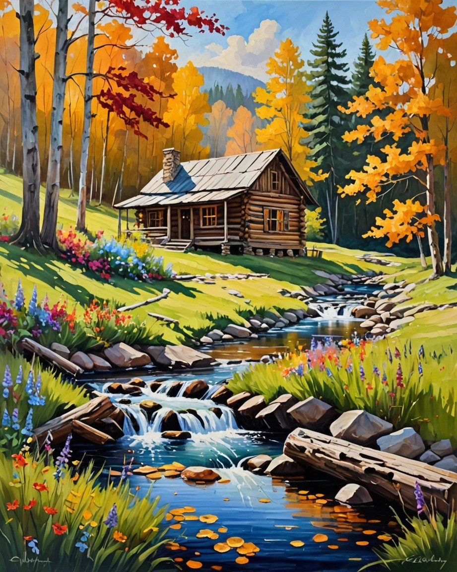 Serene Cabin Landscape Painting
