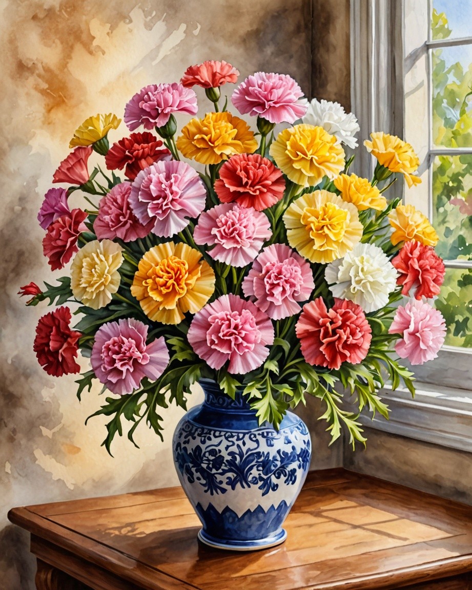 Carnation Flower Bouquet in Blue Ceramic Vase