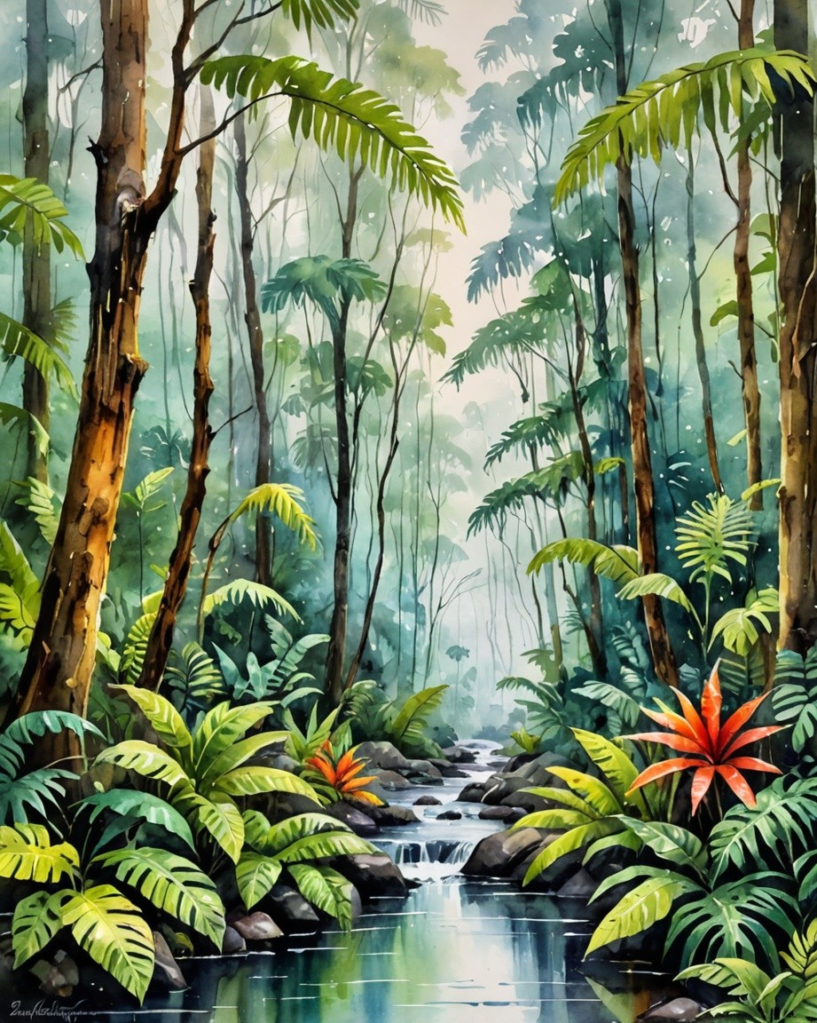 Forest Waterfall Painting