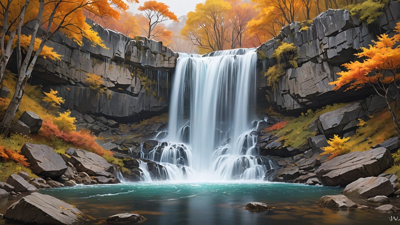 Landscape Painting of Waterfall