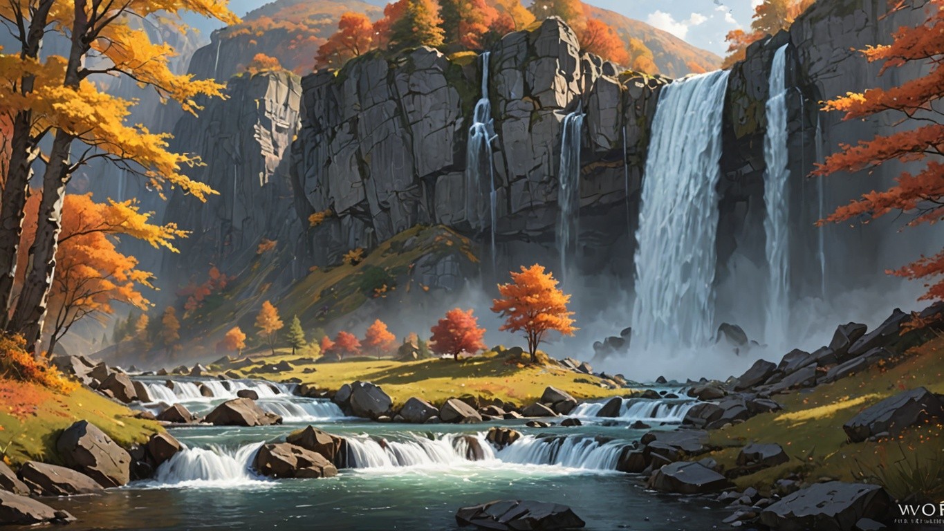Autumn Waterfall Landscape Painting