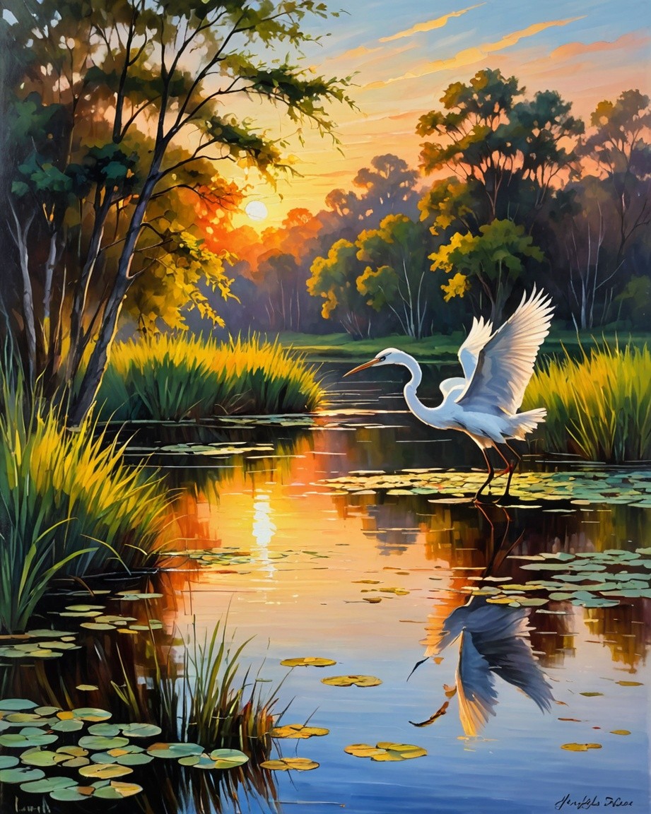 Tranquil Sunset Wetland Painting
