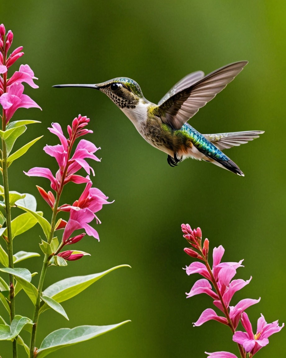 Hummingbird and Pink Flowers Print
