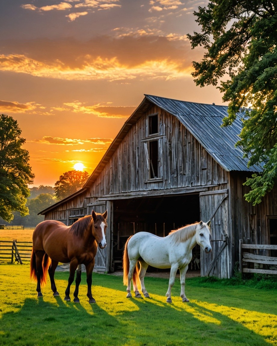 Scenic Barn with Horses Print